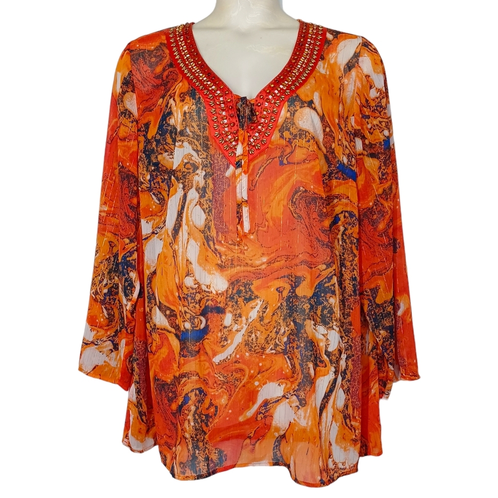LANE BRYANT Beaded Orange Print V Neck Long Sleeve Metallic Stripe Top 22/24